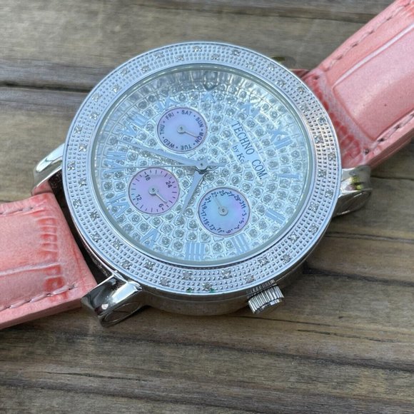 Techno Women Watch Pink Leather Band Analog Multifunction Ladies Wrist Watch - Picture 6 of 12